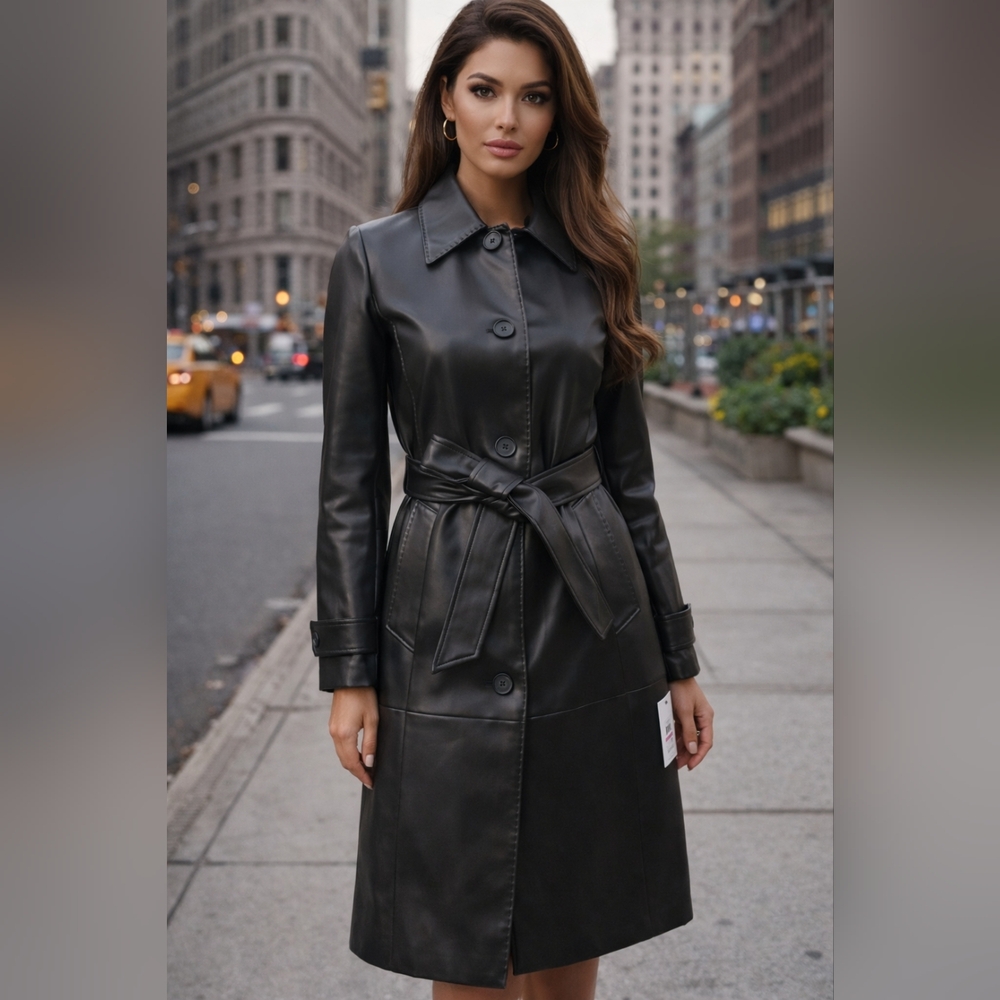Black Faux Leather Trench Coat – XXS – Brand New With Tags – Luxury NYC Style